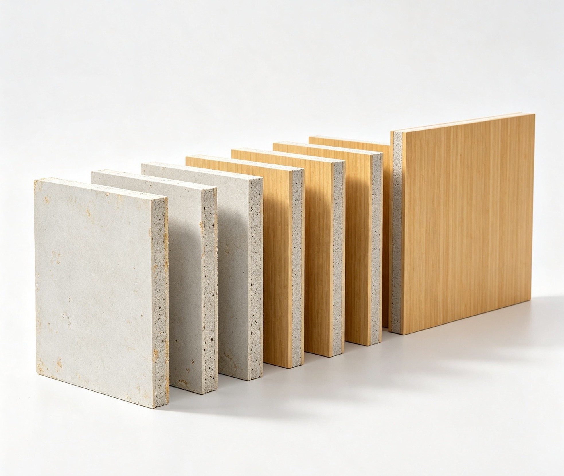 A row of panels showing the KindCarbon transformation: worn reclaimed mineral fibre ceiling tiles on the left progressing to finished bamboo-faced KindCore panels on the right