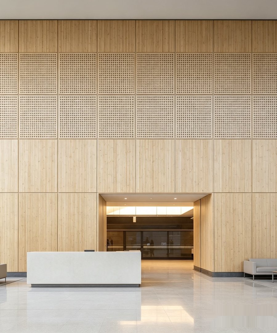 KindCarbon acoustic wall panelling installed in a modern office reception, bamboo-faced perforated tiles above a plain bamboo panel run